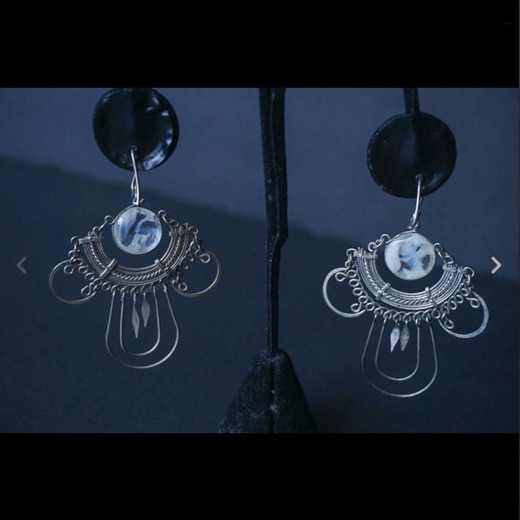 Silver Wire Moonstone Dangle Earrings 2" x 2-3/4" - Picture 1 of 8